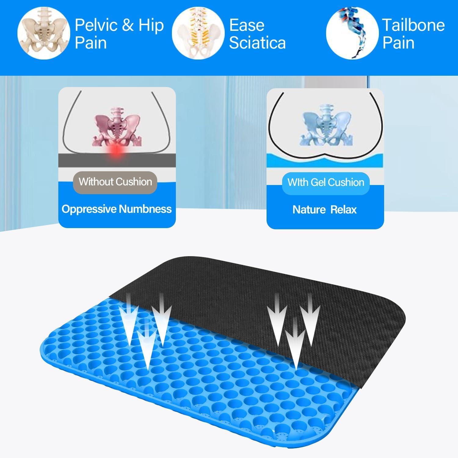 TOEVE Large Gel Seat Cushion For Long Sitting With Non-Slip Covers,Soft & Breathable For Chair,Gaming,Car,Office,Desk Chair and Wheelchair,Office Pads (45 x 45cm-Grey) (40 x 35 x 2.5 cm-Blue)