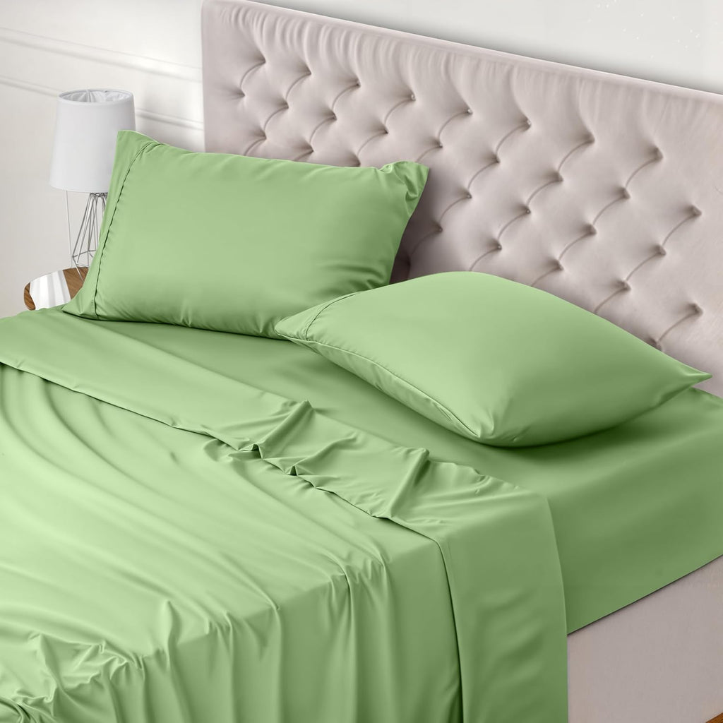 Bed Sheet Set Double, Sage, 4 Piece – Fitted Sheet, Flat Sheet with 2 Pillow Cases 50x75 – Wrinkle, Shrinkage & Fade Resistant – Oeko-Tex Certified, Polyester Microfiber Fabric