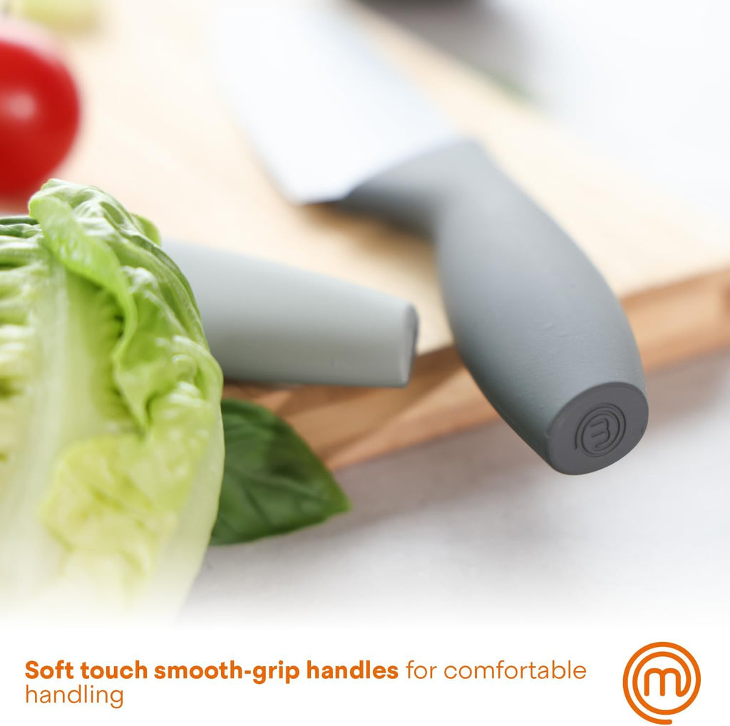 Knife Set with Block, 5 Kitchen Knives with Sharp Stainless Steel Blades (Chef, Paring, Utility, Carving, Bread) Soft Touch Easy Grip Handles & Universal Knife Holder, Earth Greys