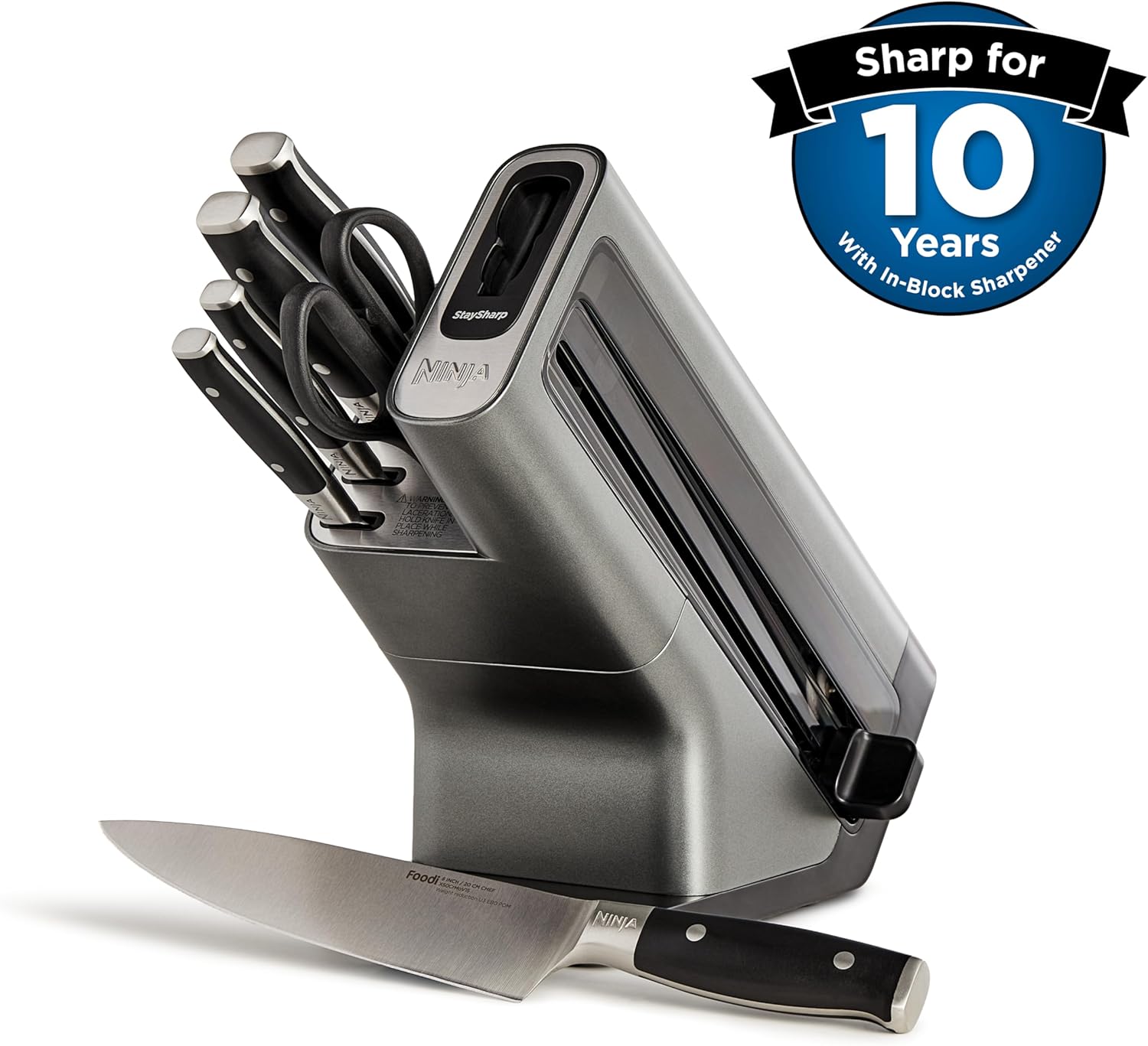 Foodi StaySharp Knife Block with Integrated Sharpener; 5 Knives and Scissors (1 pair), Sharp 6-Piece Knife Set; Chef, Bread, Slicing, Utility, Paring Knives & Scissors, Stainless Steel, K32006UK