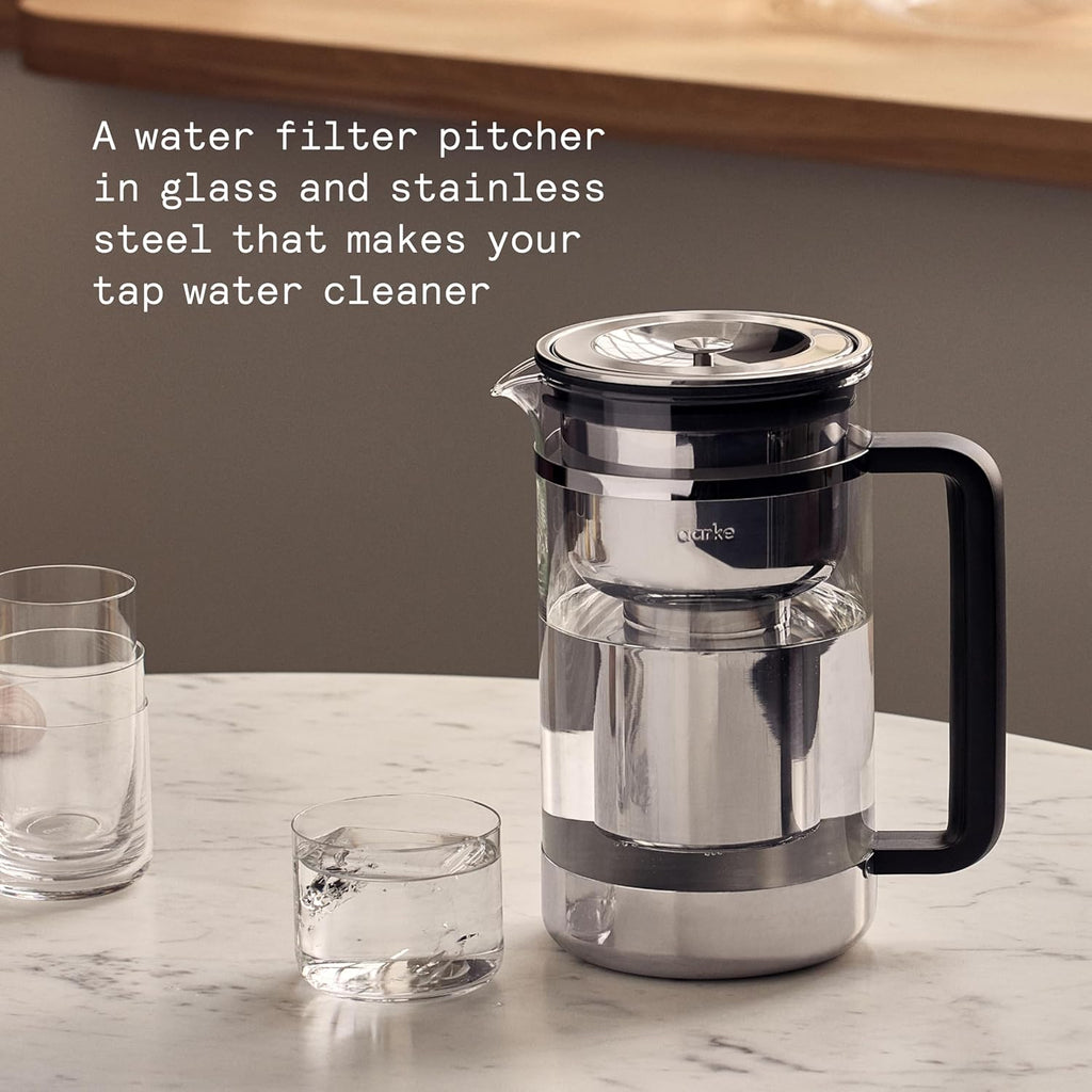 Purifier Large, Water Filter Jug in Glass and Stainless Steel, 1.7L / 7 Cups, Includes Aarke Pure Filter Refill Bag