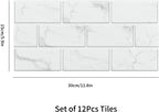 White Tile Stickers Vinyl Peel and Stick for Bathroom Kitchen 30x15cm 24Pcs Brick Self Adhesive Wall Tile Waterproof Stick on Backsplash for Living Room
