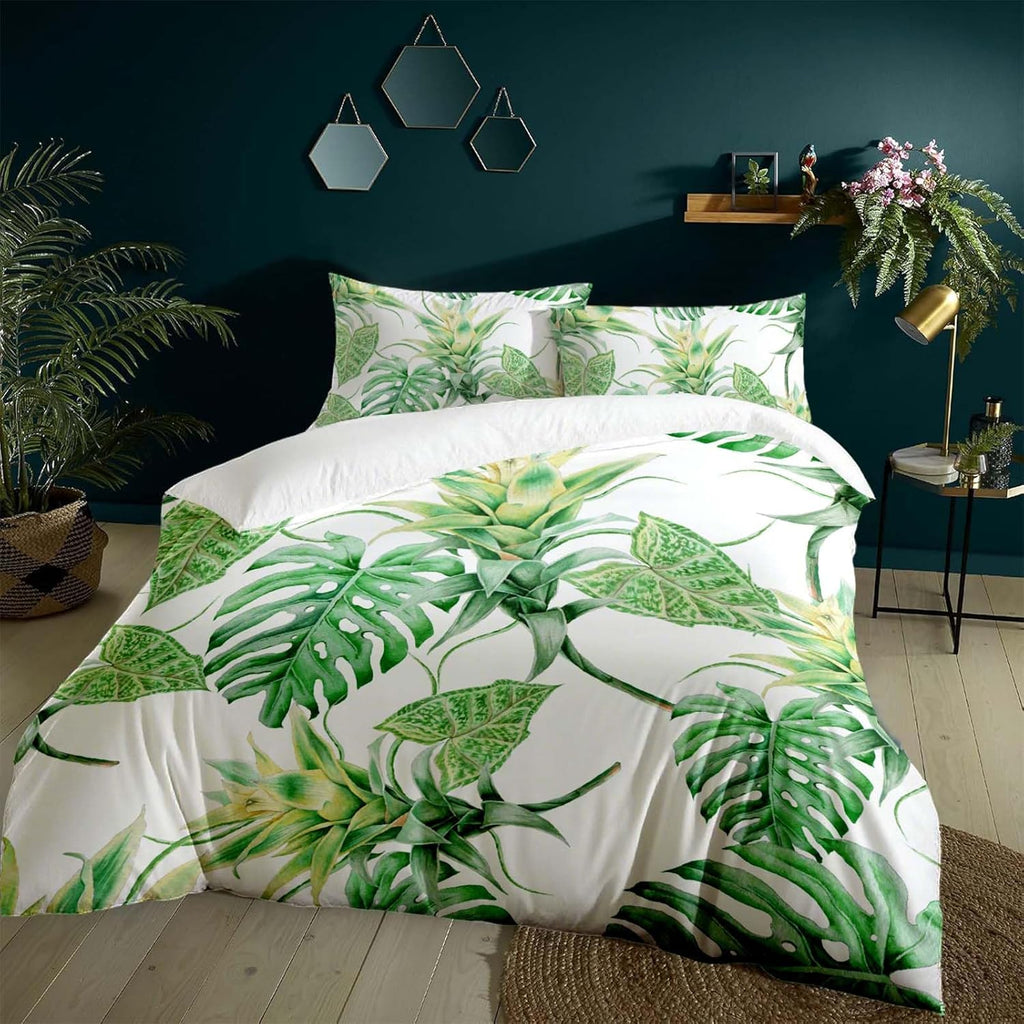 Palm Leaf Simple Light Green White King Size Duvet Cover Sets for Kids Adults,Plants King Size Bedding 3pc Bedspread Palm Leaf Bed Set,230X220cm
