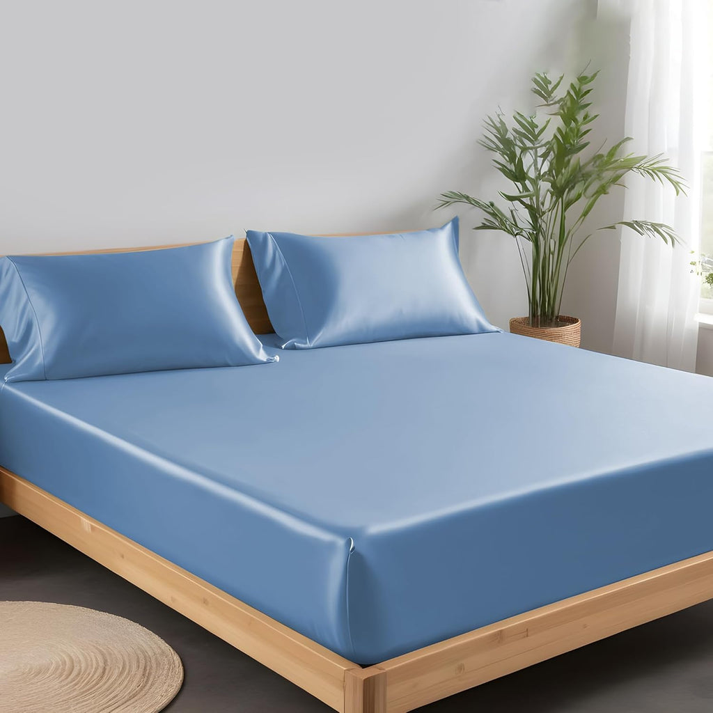 Double Fitted Sheet 140x190 cm, 100% Organic Bamboo Silk Bed Sheet for Double Size Bed, Up to 40 cm Deep Pocket Bottom Sheet, Soft, Cooling Hypoallergenic Bedding (Bahamas Blue)