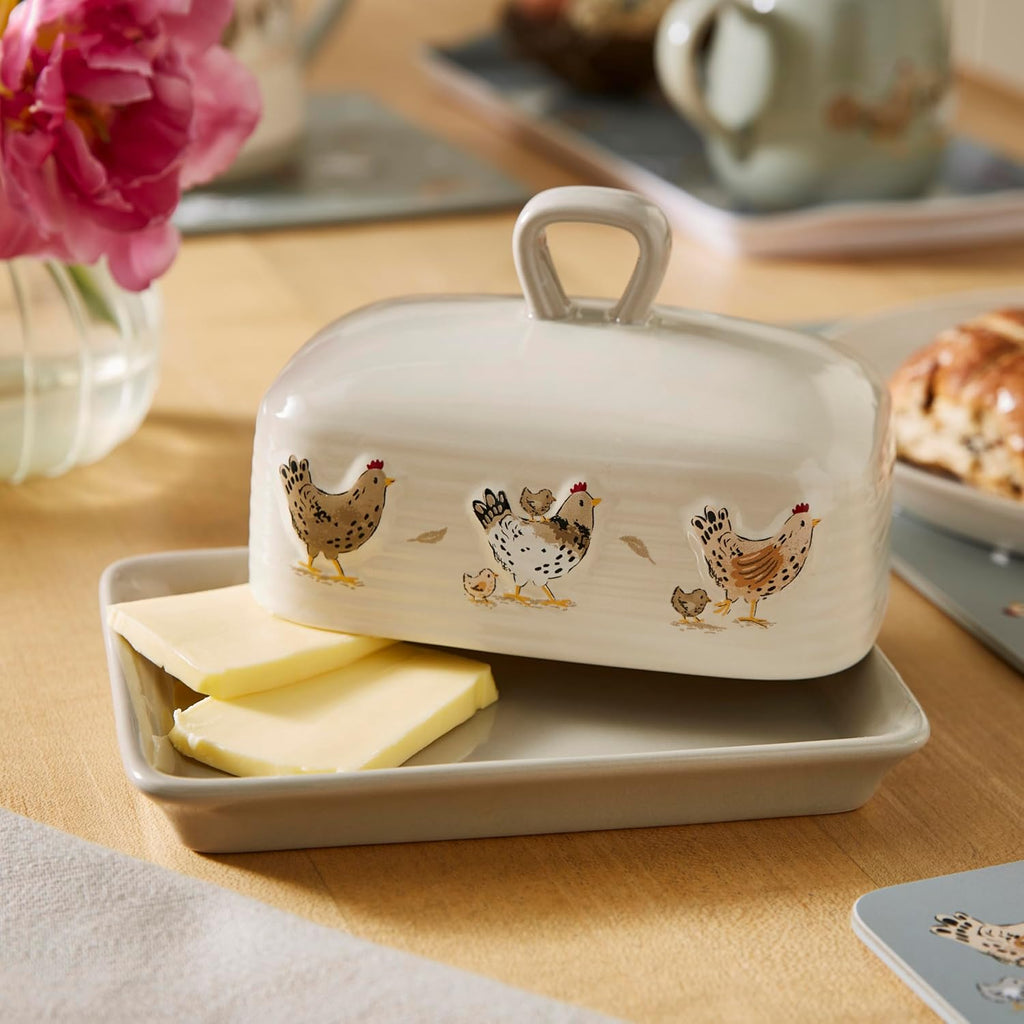 Hen House Lane Butter Dish | British Designed Farmhouse Kitchen Storage | Embossed Stoneware with Ribbed Body | Rustic Countryside Style | Dishwasher & Microwave Safe
