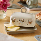 Hen House Lane Butter Dish | British Designed Farmhouse Kitchen Storage | Embossed Stoneware with Ribbed Body | Rustic Countryside Style | Dishwasher & Microwave Safe
