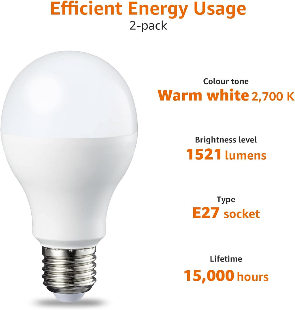 LED E27 Edison Screw Bulb, 13W (Equivalent to 100W), Warm White, Non Dimmable - Pack of 2 [Energy Class E]