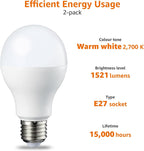 LED E27 Edison Screw Bulb, 13W (Equivalent to 100W), Warm White, Non Dimmable - Pack of 2 [Energy Class E]