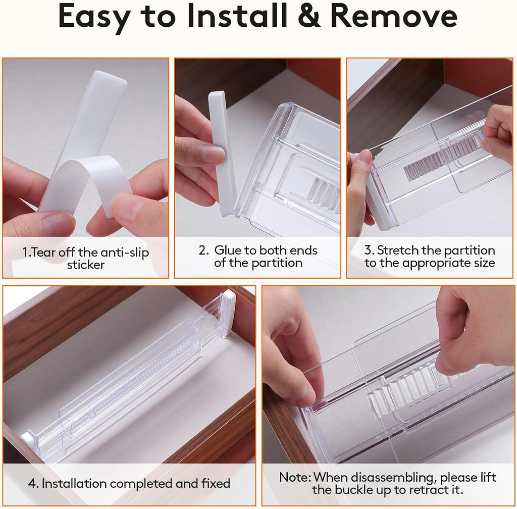 6 Pack Drawer Dividers, 3.2" High Expandable from 11.2-20" Adjustable Drawer Organisers,Clear Plastic Drawers Separators for Clothing, Kitchen Utensils and Office Storage