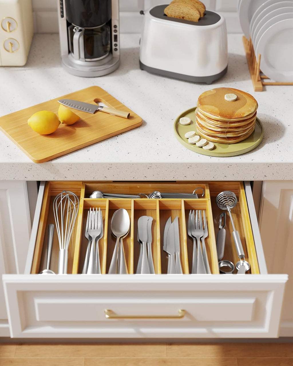 Kitsure Silverware Organizer - Expandable Bamboo Kitchen Drawer Organizer, Adjustable Cutlery Tray for Kitchen Storage & Organisation, 33.6 x 4.5 x 29.0-47.0 cm