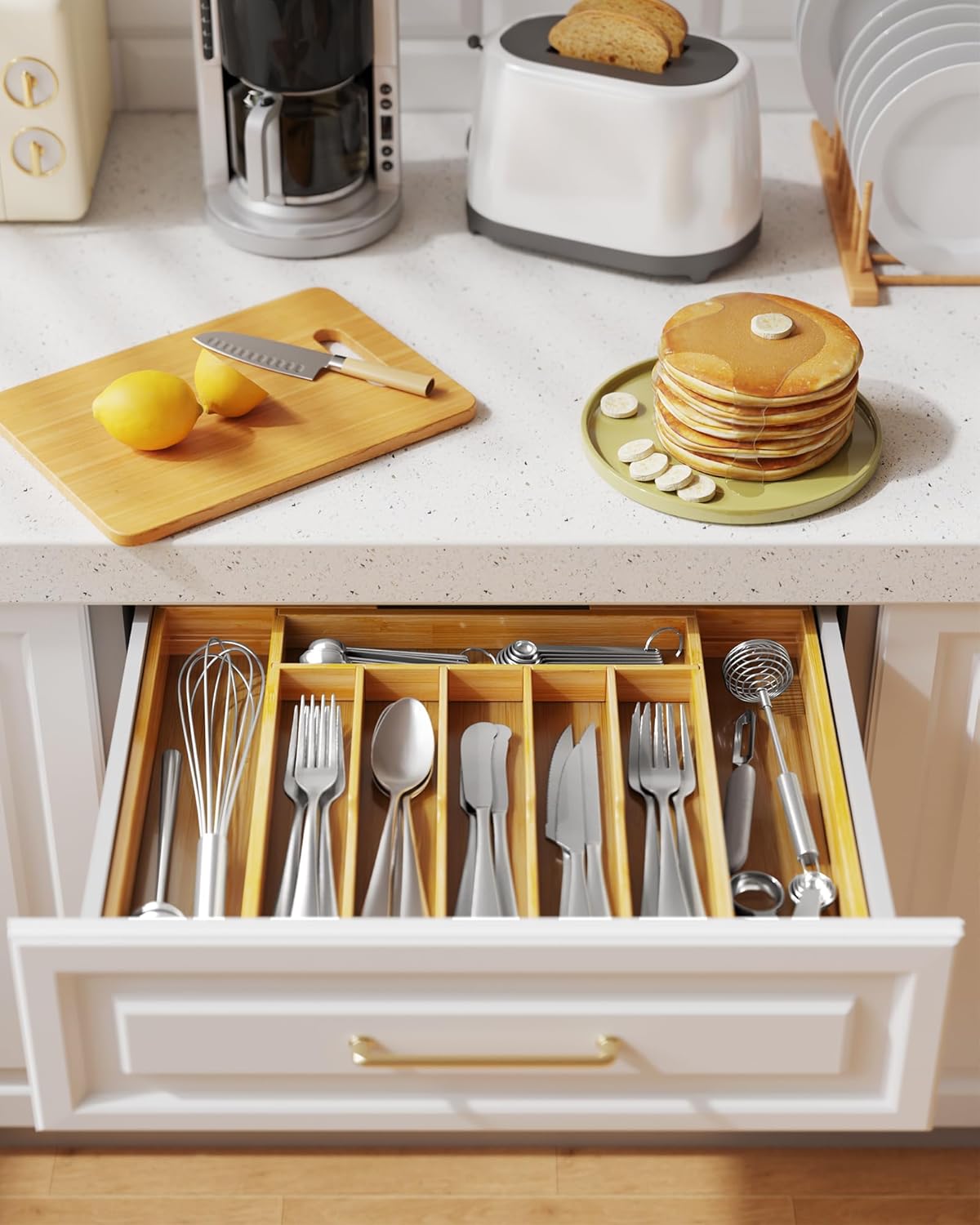 Kitsure Silverware Organizer - Expandable Bamboo Kitchen Drawer Organizer, Adjustable Cutlery Tray for Kitchen Storage & Organisation, 33.6 x 4.5 x 29.0-47.0 cm