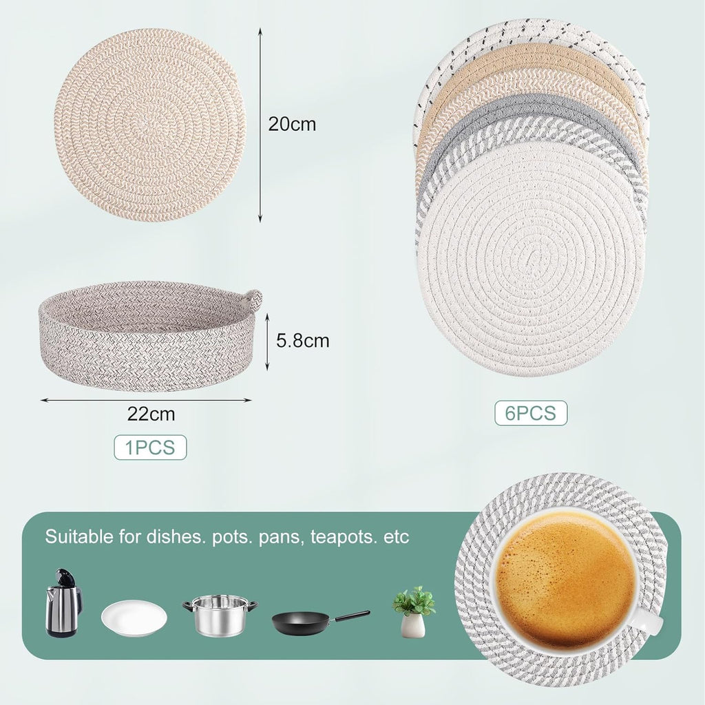 Kyrio Round Placemats, Trivets Mats Hotplate Mats, Heat Resistant Mat, for Kitchen, Restaurant,Dining Table, with storage basket(6PCS)