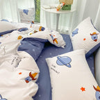 HAVOP 100% Cotton Duvet Cover Double Size Kids Boys Girls Cartoon Space Bedding Set Rocket Planet Stars Printed Quilt Cover Set White And Blue All Season Bedding Set, 200×200 cm