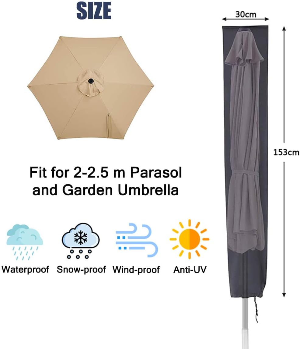 RICHIE Garden Parasol Cover Patio Umbrella Covers for Parasol Fits 2 to 3m Diameter Parasols 153x30x30cm Waterproof Tear Resistant 600D Oxford PVC Coating with Drawstring Cord at Bottom, Green, NO ZIP