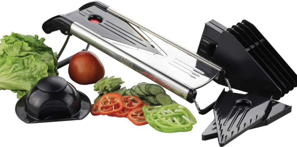 Mandoline Vegetable Slicer, Mandolin Slicer V Blade Cutter, Julienne and Food Grater. Great for Onions, Potatoes and Tomatoes. Includes 6 Inserts, and Cut Proof Gloves. Stainless Steel