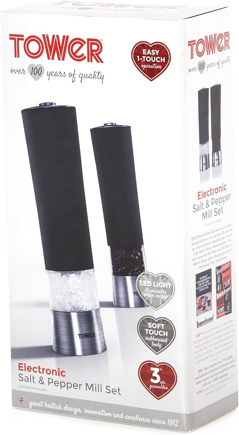 T80400 Electric Salt and Pepper Mill, Stainless Steel, Black