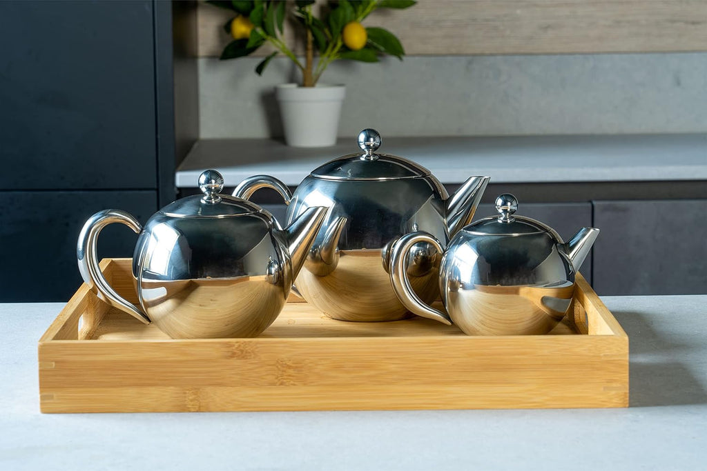 Café Ole ST-035X Rondo Stainless Steel Tea Pot Easy Pour Teapot with Infuser Basket 35oz 1000ml , Black Bakelite Handle