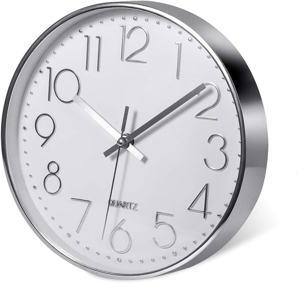 Delgeo Modern Silent Wall Clock 25-30cm, Minimalist Silver Clock for Living Room & Kitchen,Premium Wall Decor for Home Office