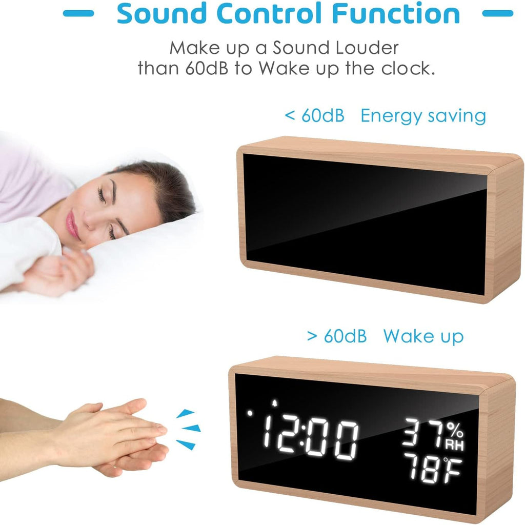 Alarm Clock Bedside, Wooden Digital Alarm Clocks Non Ticking, Adjustable Brightness & USB Charging for Bedside, Desk, Shelf