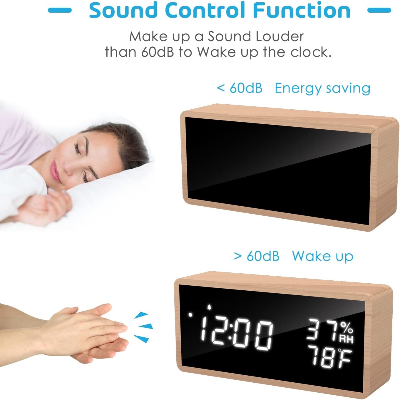 Alarm Clock Bedside, Wooden Digital Alarm Clocks Non Ticking, Adjustable Brightness & USB Charging for Bedside, Desk, Shelf
