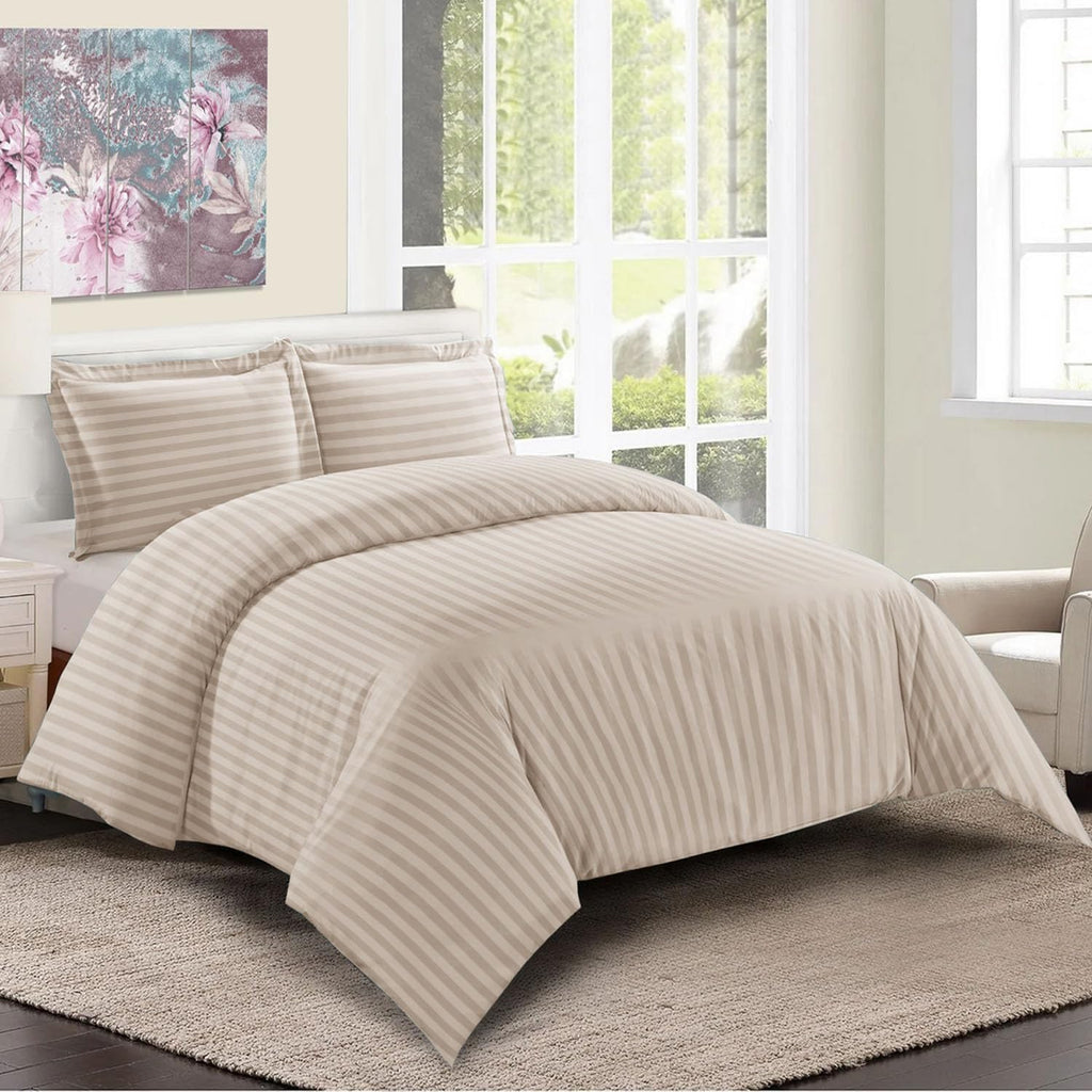 Imperial Rooms King Size Duvet Cover Sets Reversible Stripes Satin Bedding Set with Pillowcases Breathable Microfiber Duvet Covers (Beige 230x220 Cm)