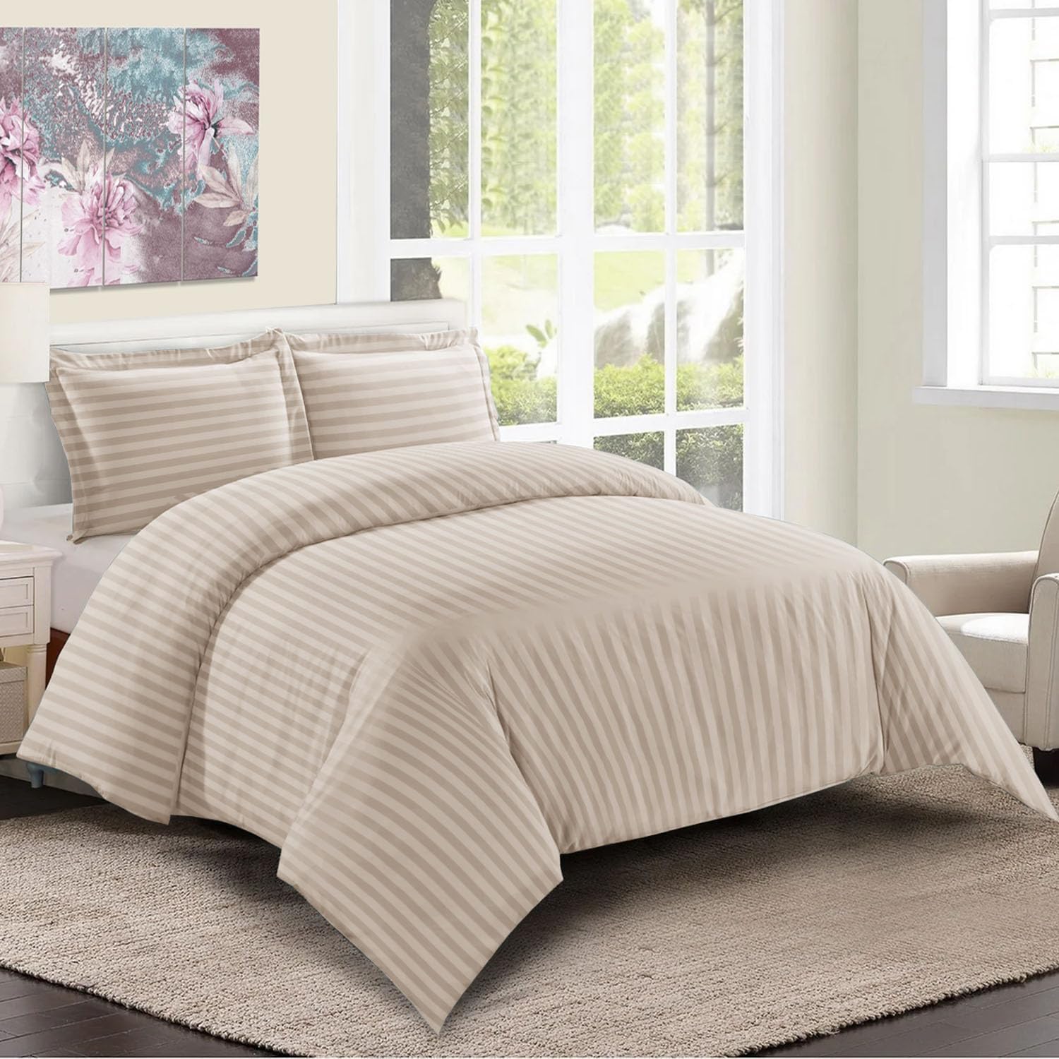 Imperial Rooms King Size Duvet Cover Sets Reversible Stripes Satin Bedding Set with Pillowcases Breathable Microfiber Duvet Covers (Beige 230x220 Cm)