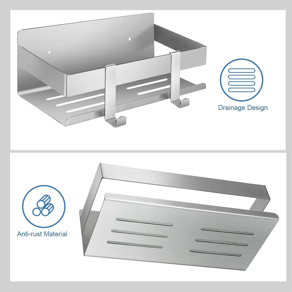 Shower Caddy,Bathroom Shelf Wall Mounted SUS 304 Stainless Steel Heavy Duty Shower Shelf With 2 pcs Hooks（Brushed Silver 15.8 Inch）
