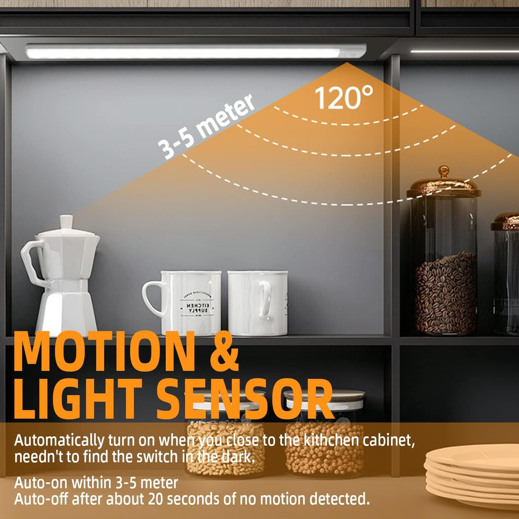 Motion Sensor Lights Indoor (30cm), 3 Pack 60 LED Under Cabinet Lights 6000K, USB Rechargeable Battery Powered Night Lights with Magnetic Strip for Kitchen, Wardrobe, Garage, Stairs, Bedroom