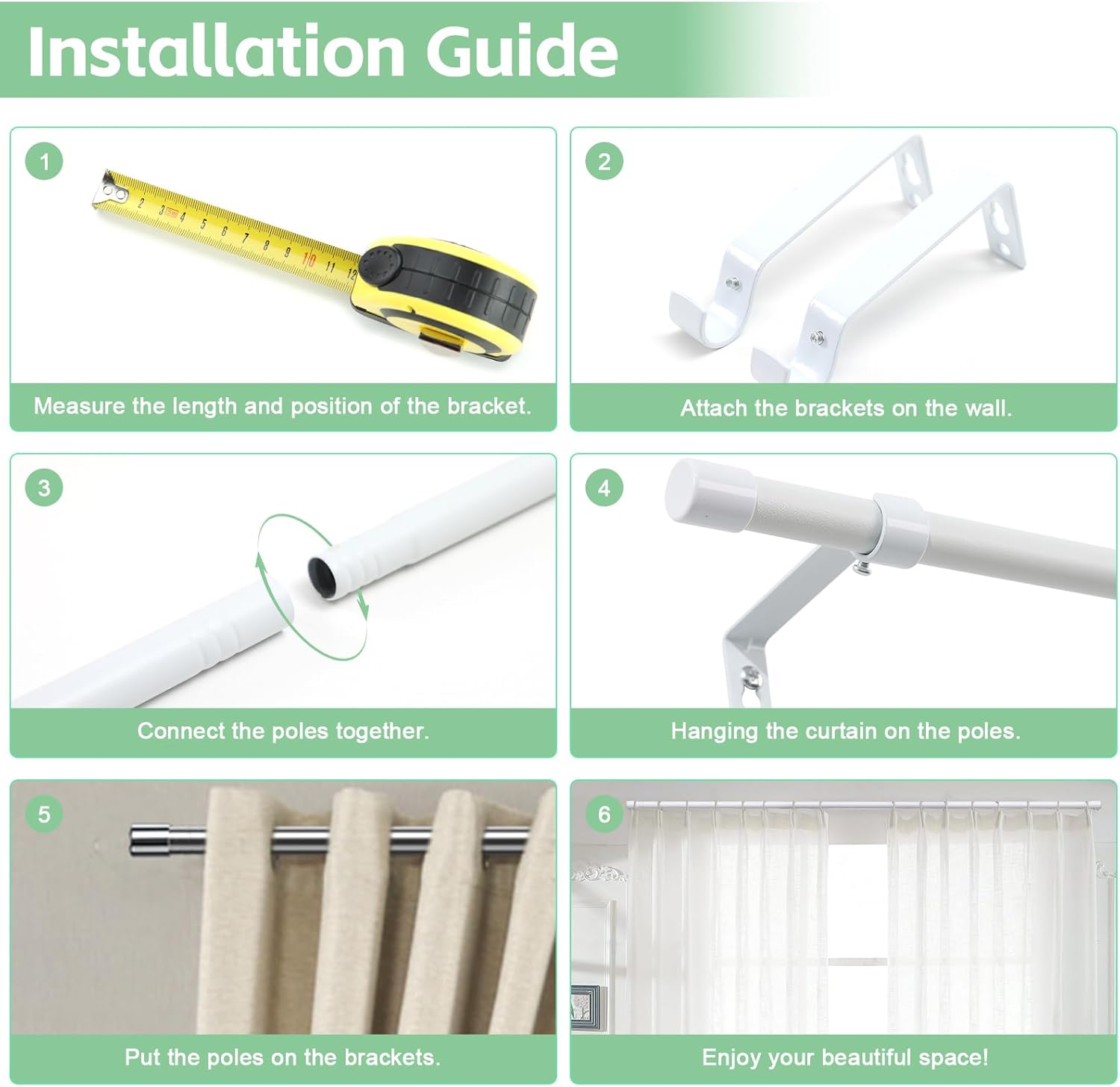 Curtain Poles for Eyelet Curtains Matt White, 16mm Voile Curtain Pole 76-117cm, Window Curtain Rod Metal Extendable with Adjustable Brackets for Bedroom, Living Room