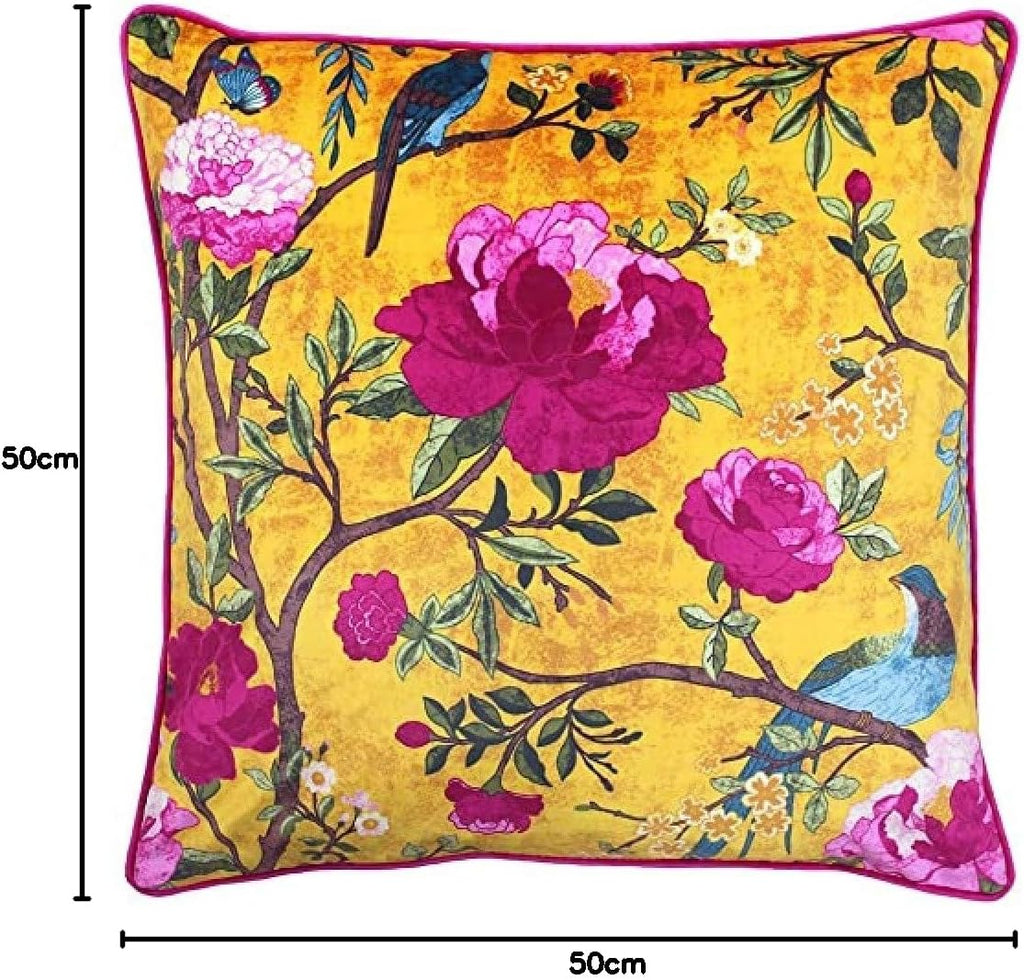 Paoletti Chinoiserie Cushion Cover - Floral Bird Print 100% Polyester Machine Washable Fabric (Gold Yellow - 50 x 50cm)