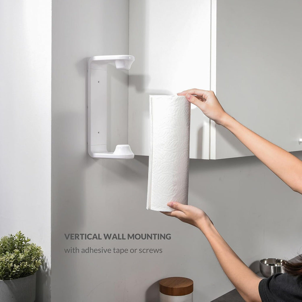Paper Towel Holder Under Cabinet or Wall Mount ONE HAND Operation Tension Arm Kitchen Roll Holder (White, for 18-23cm/7-9inches roll)