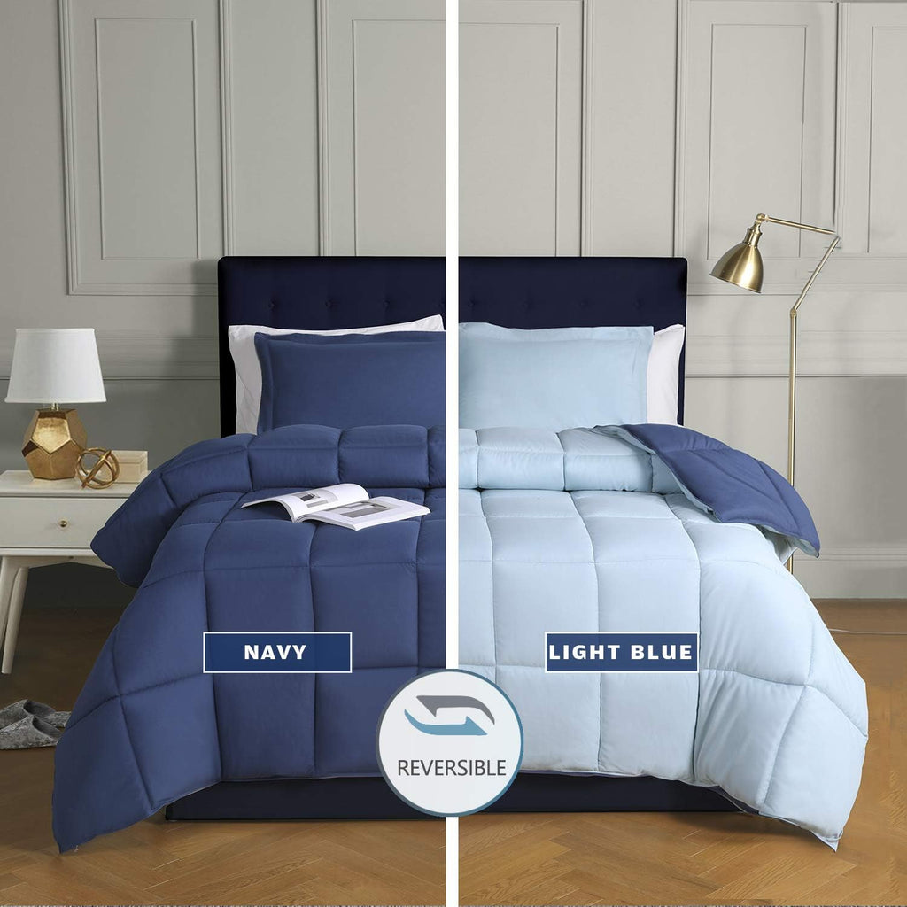 3 Pieces Navy Blue Coverless Duvet King - 240 x 220cm - Cassette Box Construction - Corner Duvet Tabs - Solid Reversible 10.5 Tog Comforter - 100% Down Alternative & Breathable Bedding