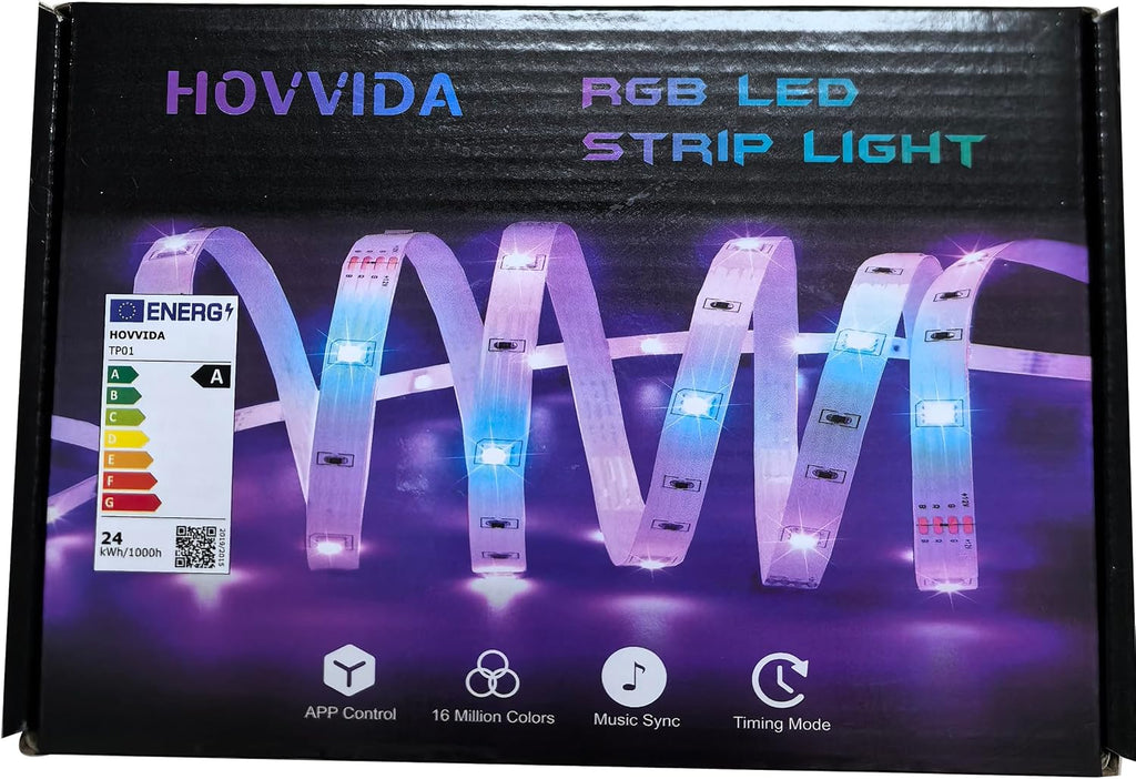 HOVVIDA LED Strip Light Lights 10M, 1x10M, 30 LEDs/Meter, 24V RGB LED Strip Light, 300 LEDs, APP and Remote Control, Music Mode, Timer Mode, LED for Bedroom, Living Room, Kitchen, Party