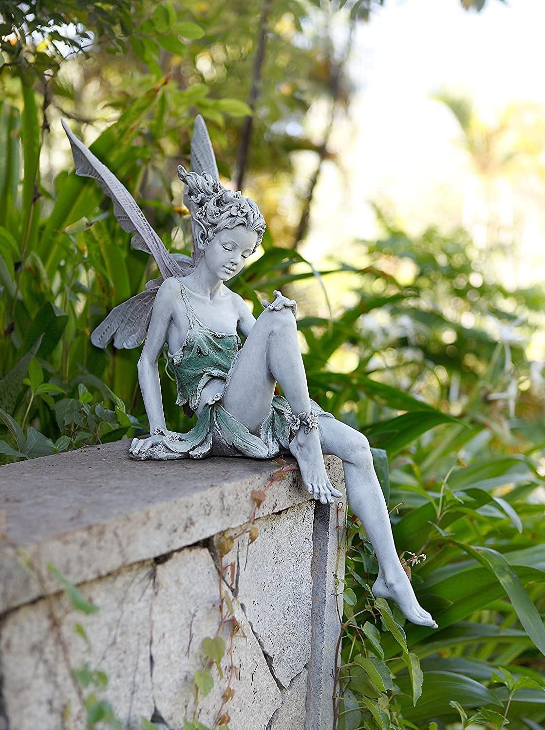 22cm Resin Sitting Fairy Statue With Wings - Garden Ornament, Miniature Sculpture for Outdoor, Patio