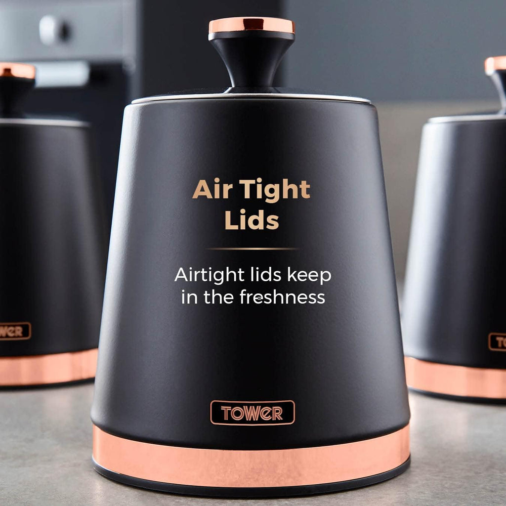 T826131BLK Cavaletto Set of 3 Storage Canisters for Tea/ Coffee/ Sugar, Steel, Black and Rose Gold