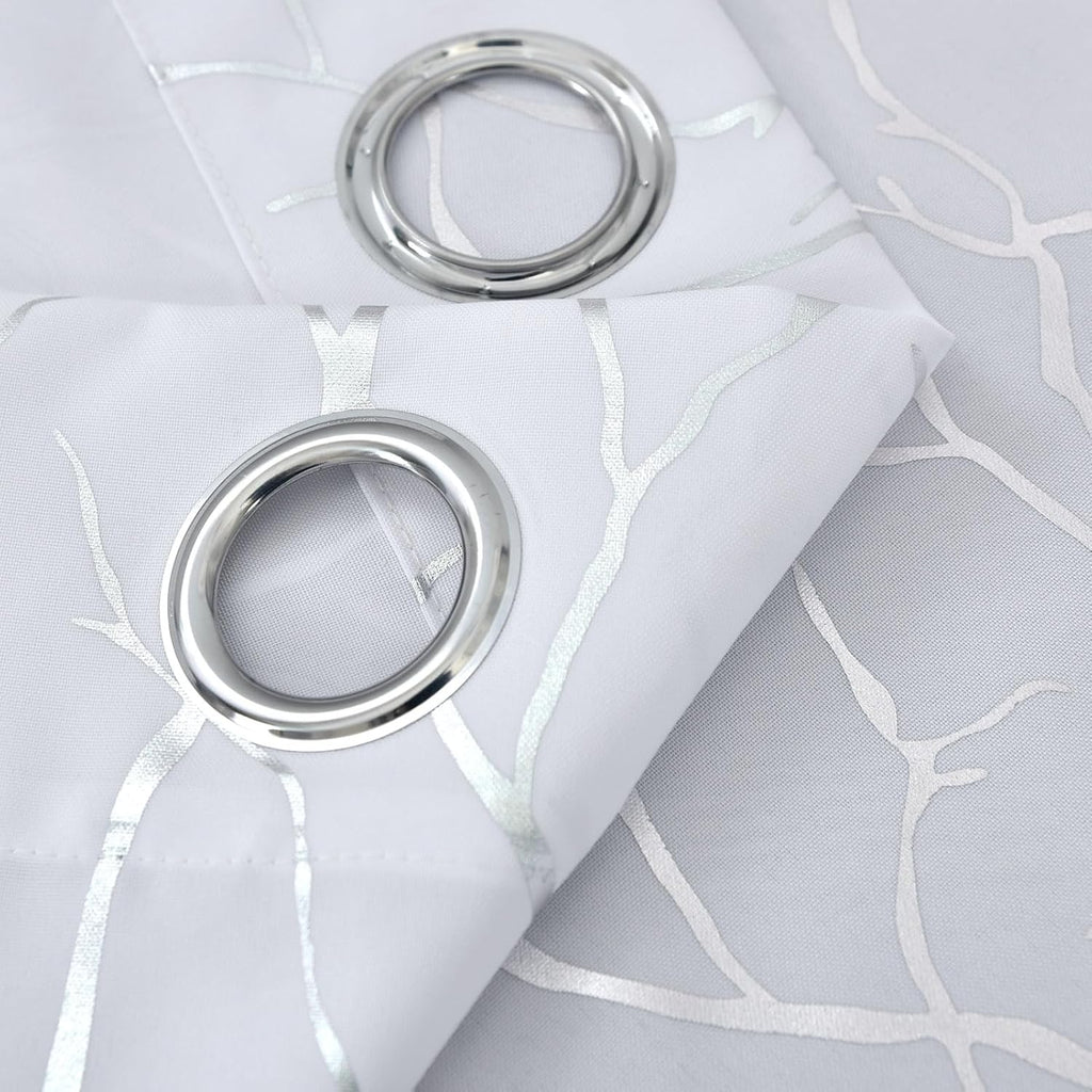 Kotile Silver Tree Branch Curtains 63 Inch Length, Metallic Shimmer White Curtains for Bedroom, Grommet Top Privacy Semi-Sheer, 52 x 63 Inch, 2 Panels