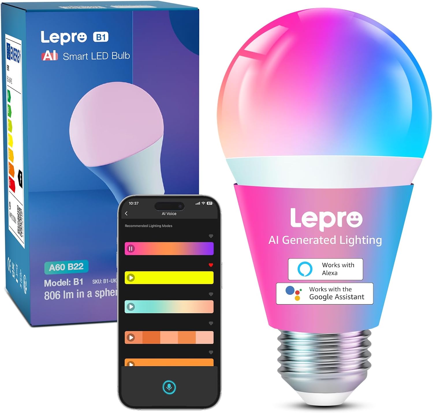 AI Smart Bulb E27, Music Sync WiFi Bulb, Voice Control Smart Screw Bulb, Colour Changing Light Bulbs, RGBCCT, Work with Alexa & Google Assistant, Personalized AI Lighting Designer Main image