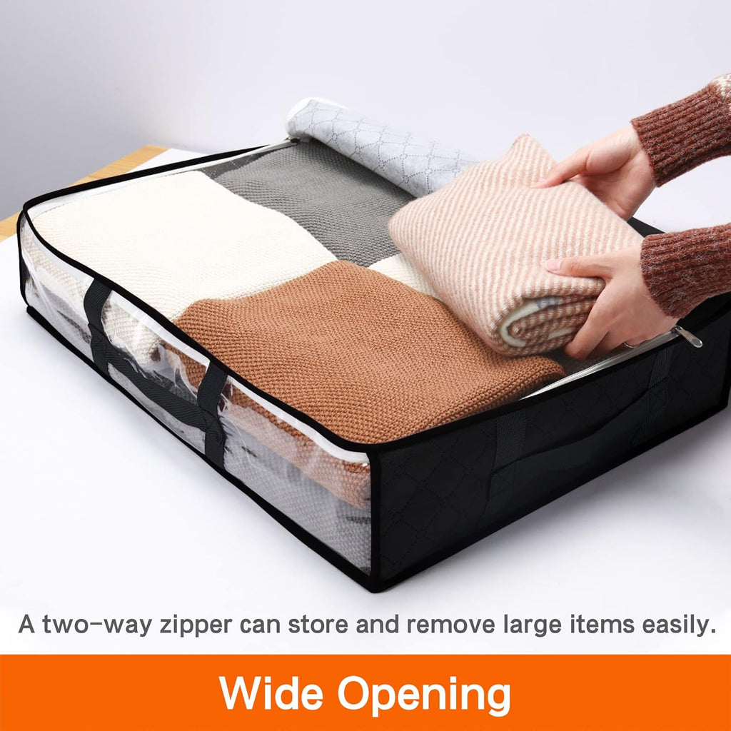 4 Pack Underbed Storage Bags 40L Foldable Clothes Bag Large Capacity Storage Containers with Clear Window Reinforced Handles Zippered Organizer for Comforters Blankets Bedding, Black