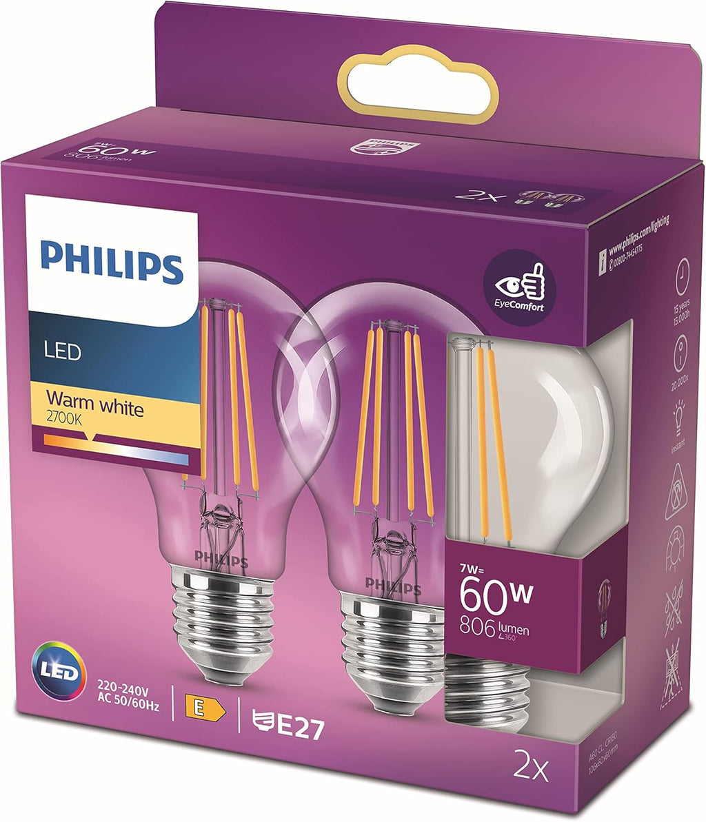 LED Classic A60 Light Bulb Set of 2 [E27 Edison Screw] 7W = 60W Equivalent, Warm White (2700K), Non Dimmable