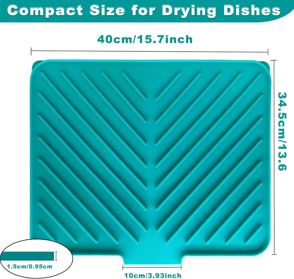 Dish Drying Mat, Silicone Dish Draining Mat with Double Hanging Hole, Thicken Self Drying Mat-Soft & Easy to Clean, Draining Board Mats for kitchen Counter-Green (15.7inch x 13.6 inch)