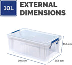10L Plastic Storage Boxes with Lids. ProStore Super Strong Plastic Storage Boxes (14 x 34 x 21.5cm), Made in the UK, Clear