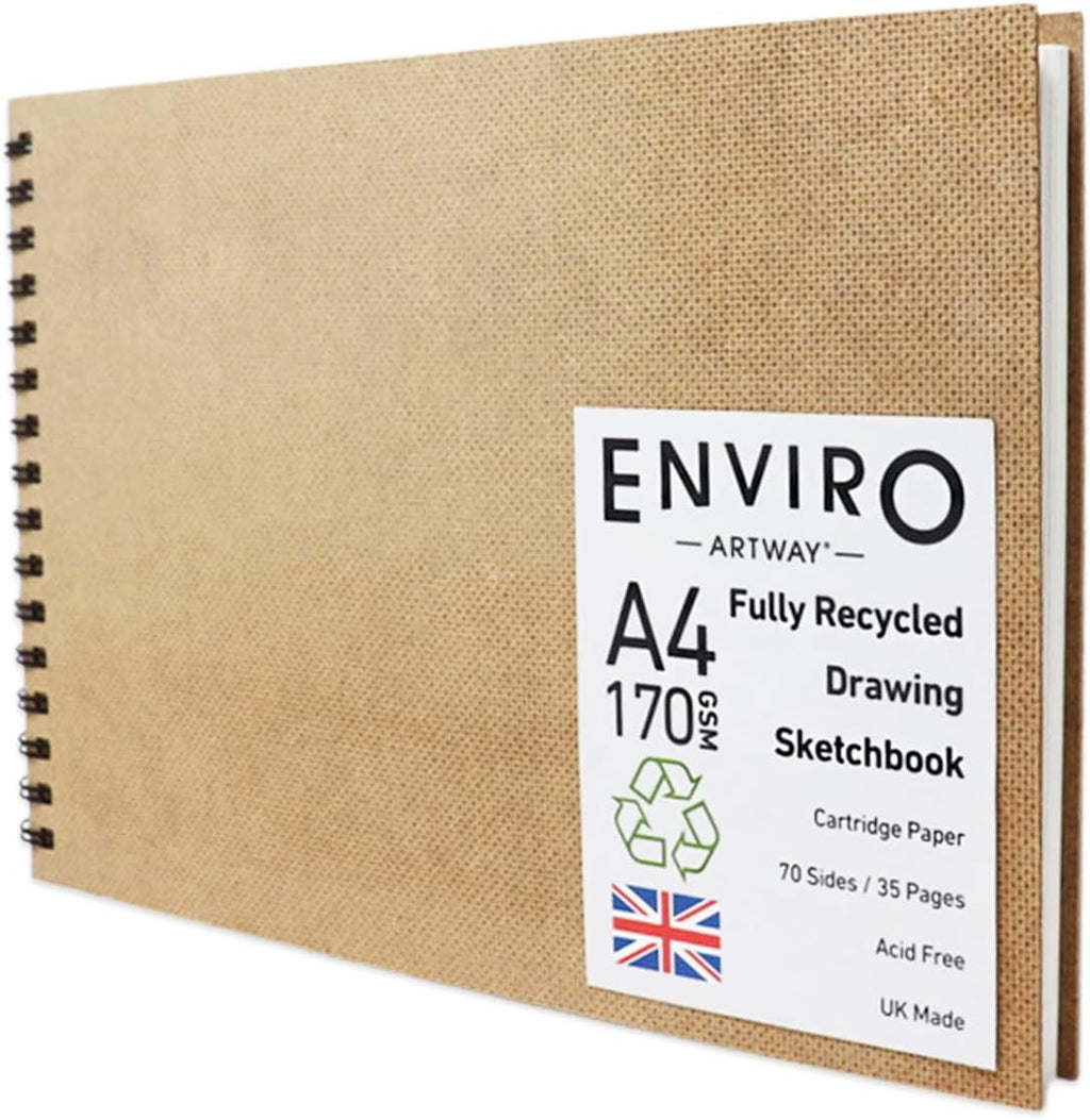 Enviro – Spiral Bound A4 Sketchbook – Landscape - 70 Sides/35 Pages of Recycled 170gsm Drawing Paper – 100% Recycled Sketchbook / Scrapbook, White