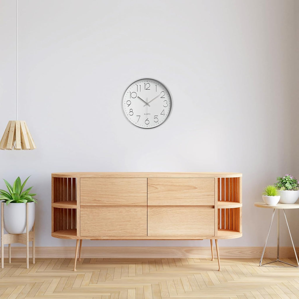Delgeo Modern Silent Wall Clock 25-30cm, Minimalist Silver Clock for Living Room & Kitchen,Premium Wall Decor for Home Office