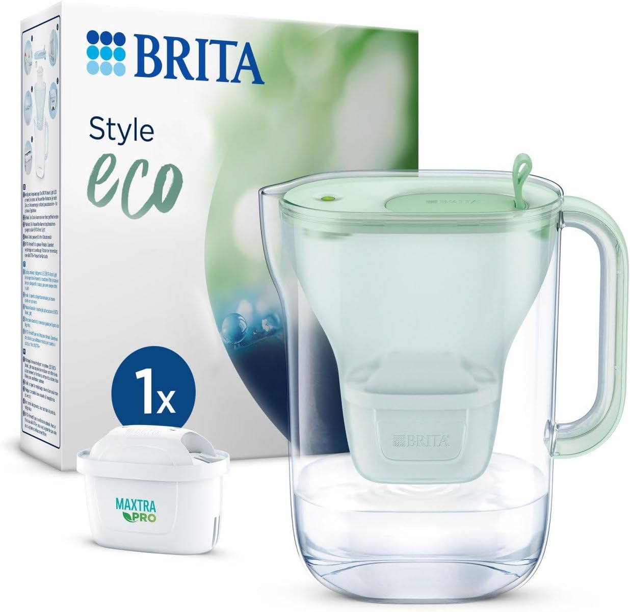 BRITA Style Eco Green Water Filter Jug (2.4 L) Including 1 Maxtra Pro All-in-1 Cartridge - Sustainable Water Filter in Modern Design to Reduce Limescale, Chlorine, Lead & Impurities Main image