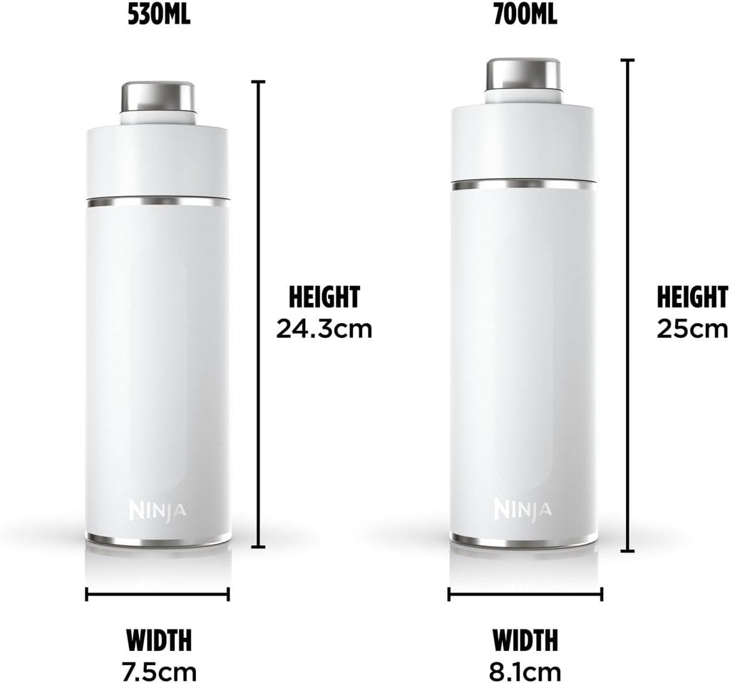 Ninja Thirsti Water Bottle and Flask 530 ML With Leak-Proof Lid, Designed For Carbonated, Hot & Cold Drinks, Ideal For Travel & Sports, Triple Insulated, Stainless Steel Bottle, White, DW1801EUUKWH