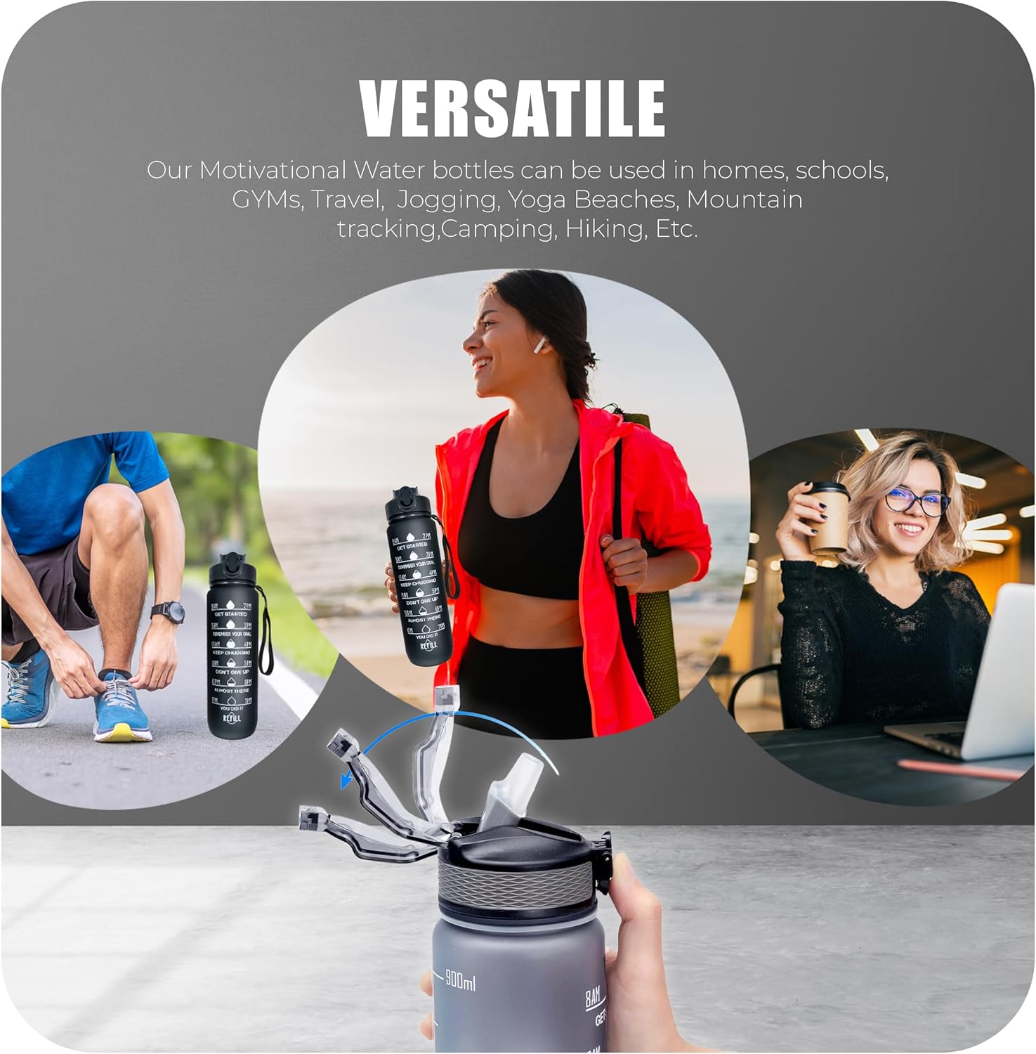 Sports Water Bottle with Straw and Time Marking, and 32OZ Capacity - Motivational and Eco-Friendly BPA-Free Bottle for Running, Gym, Yoga, Outdoors, and Camping (Style-1, Grey)