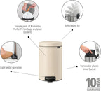 Brabantia - NewIcon Pedal Bin 12L - Medium Waste Bin for Kitchen or Bedroom - Soft Closing Lid - Light Pedal Operation - with Removable Inner Bucket - Non-Slip Base - Soft Beige - 25 x 34 x 41 cm