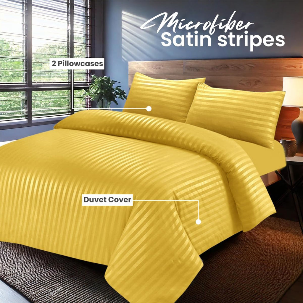 DTEX HOMES Double Duvet Set Brushed Microfiber Satin Stripes Easy Care Duvet Cover with Pillow cases (Mustard-Double)