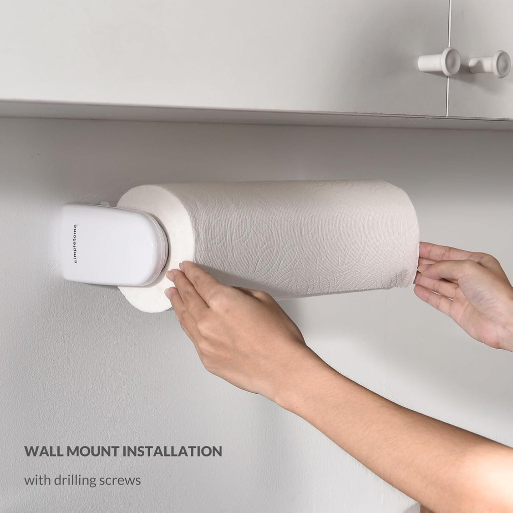 Paper Towel Holder Under Cabinet or Wall Mount ONE HAND Operation Tension Arm Kitchen Roll Holder (White, for 18-23cm/7-9inches roll)