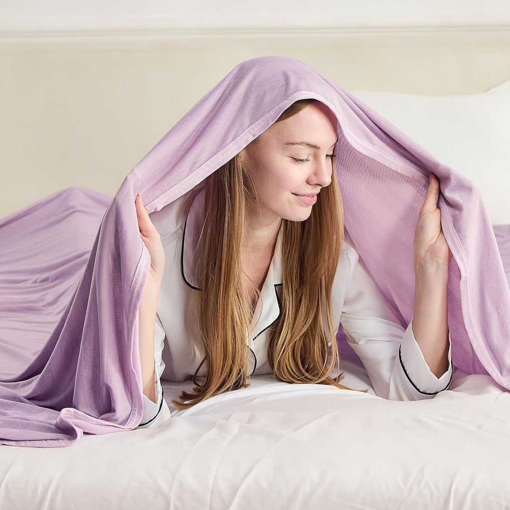 Cooling Throw Blanket for Summer, Q-Max >0.4 Night Sweats Throw Blanket Thin, Keep Cooling Breathable Summer Blanket, Single Bed, Sofa,127x177cm, Striped Lavender